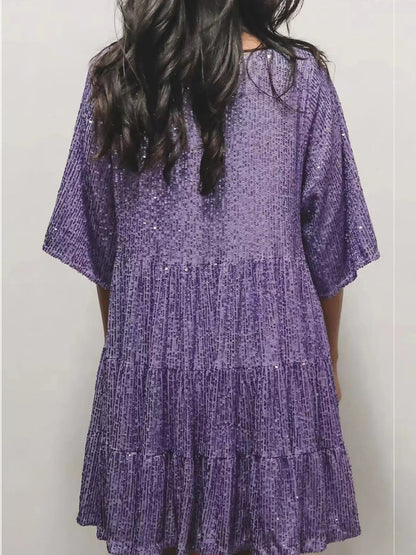 Sequin Round Neck Half Sleeve Mini Dress